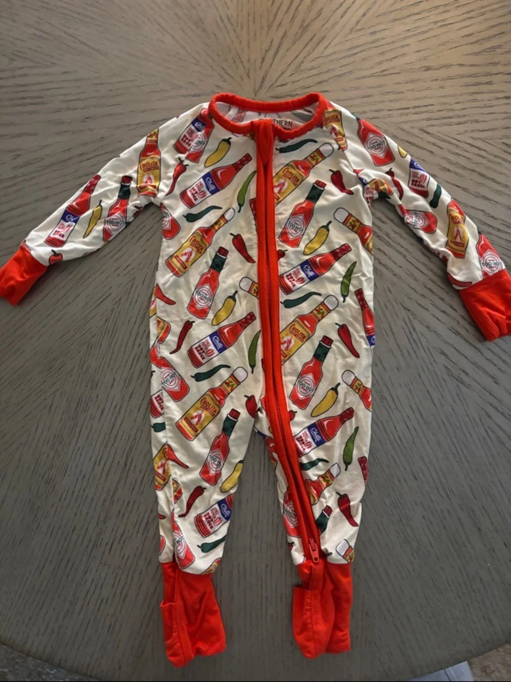 Southern Slumber Hot Sauce Print Kids  One-Piece Pajamas - Red Trim Bamboo